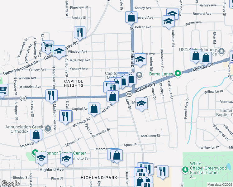 map of restaurants, bars, coffee shops, grocery stores, and more near 2239 Madison Avenue in Montgomery