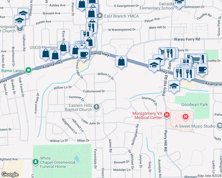 map of restaurants, bars, coffee shops, grocery stores, and more near 3544 Cottonwood Drive in Montgomery