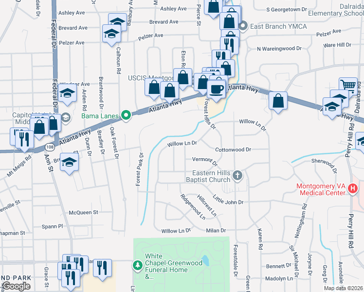 map of restaurants, bars, coffee shops, grocery stores, and more near 311 Whetstone Drive in Montgomery
