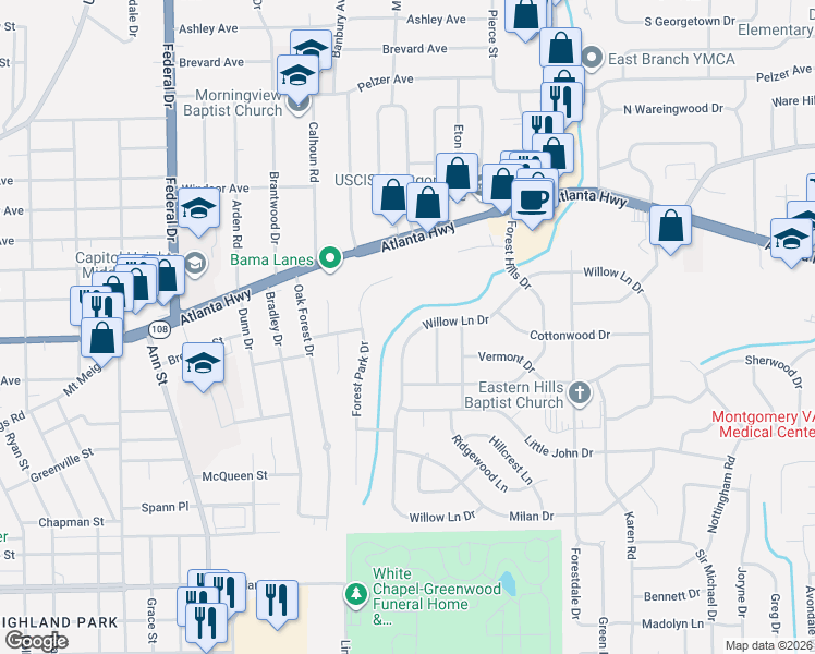 map of restaurants, bars, coffee shops, grocery stores, and more near 3235 Willow Lane Drive in Montgomery