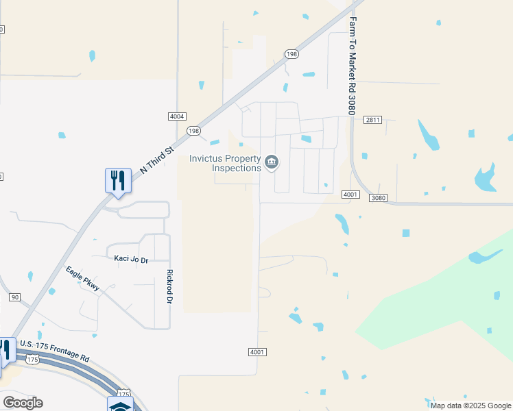 map of restaurants, bars, coffee shops, grocery stores, and more near 18512 County Road 4001 in Mabank