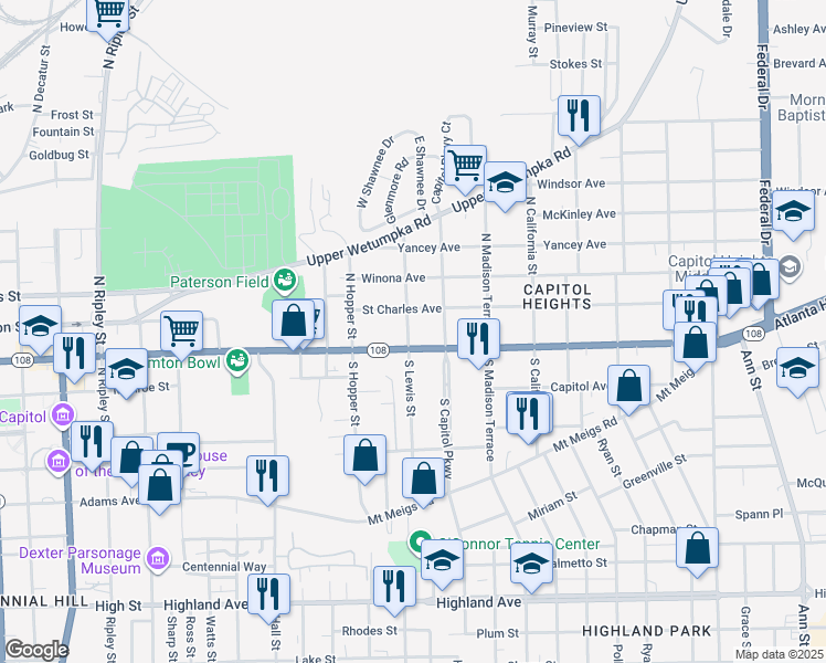 map of restaurants, bars, coffee shops, grocery stores, and more near 20 North Lewis Street in Montgomery