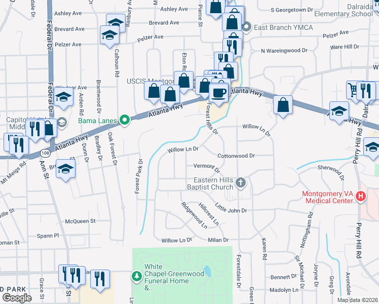 map of restaurants, bars, coffee shops, grocery stores, and more near 3304 Willow Lane Drive in Montgomery