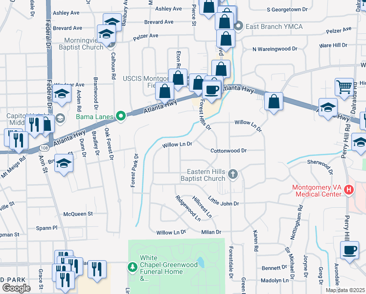 map of restaurants, bars, coffee shops, grocery stores, and more near 3304 Willow Lane Drive in Montgomery