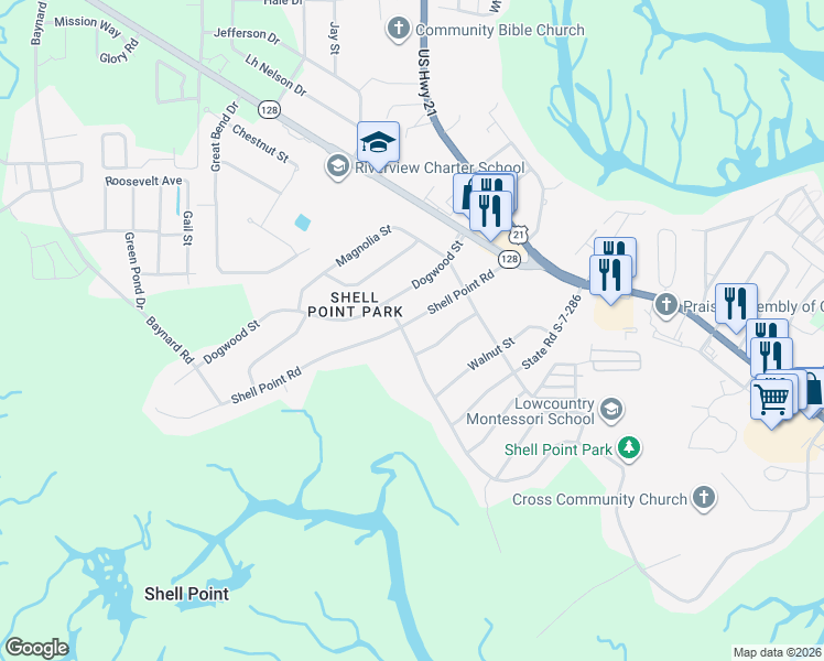 map of restaurants, bars, coffee shops, grocery stores, and more near 4002 Shell Point Road in Beaufort