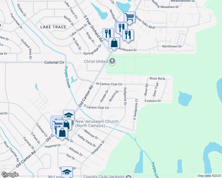 map of restaurants, bars, coffee shops, grocery stores, and more near 5853 Kinder Drive in Jackson