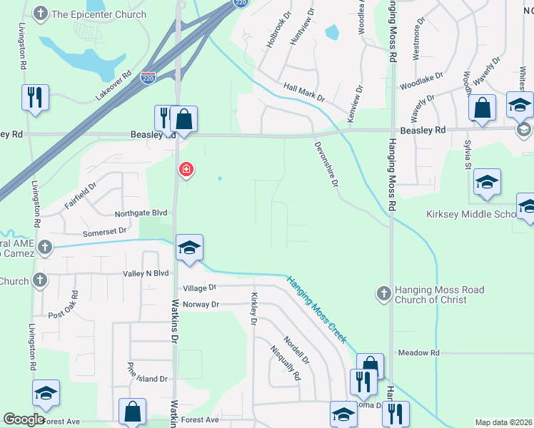 map of restaurants, bars, coffee shops, grocery stores, and more near 5722 Kirkley Drive in Jackson