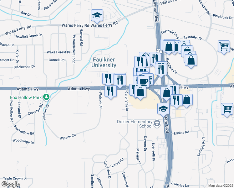 map of restaurants, bars, coffee shops, grocery stores, and more near 5340 Atlanta Hwy in Montgomery