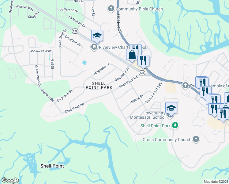 map of restaurants, bars, coffee shops, grocery stores, and more near 4002 Shell Point Road in Beaufort