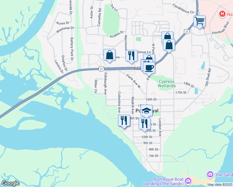 map of restaurants, bars, coffee shops, grocery stores, and more near 1605 State Road S-7-63 in Port Royal