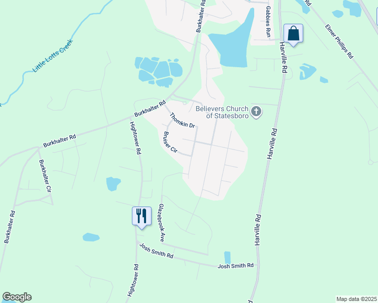 map of restaurants, bars, coffee shops, grocery stores, and more near 225 Bruiser Circle in Statesboro