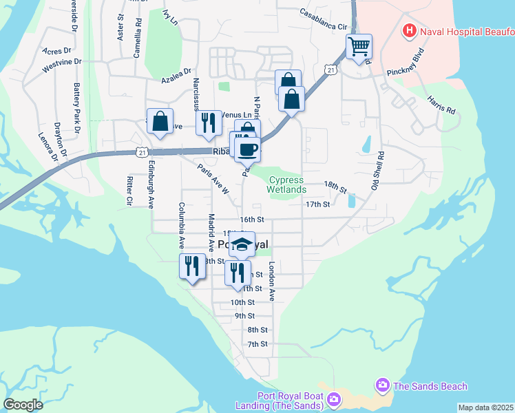 map of restaurants, bars, coffee shops, grocery stores, and more near 904B 16th Street in Port Royal