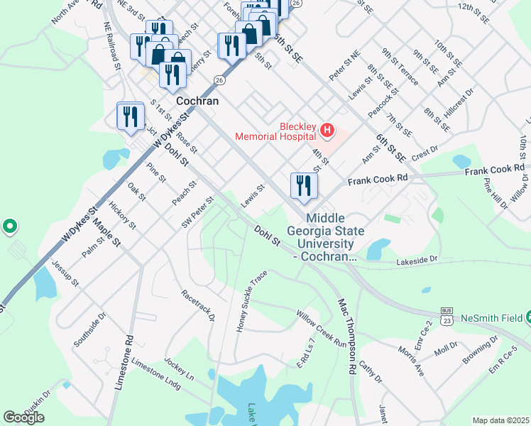 map of restaurants, bars, coffee shops, grocery stores, and more near 124 Peacock Street in Cochran