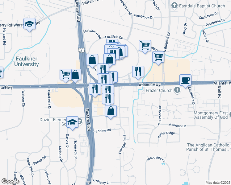 map of restaurants, bars, coffee shops, grocery stores, and more near 120 Eastdale Rd S in Montgomery