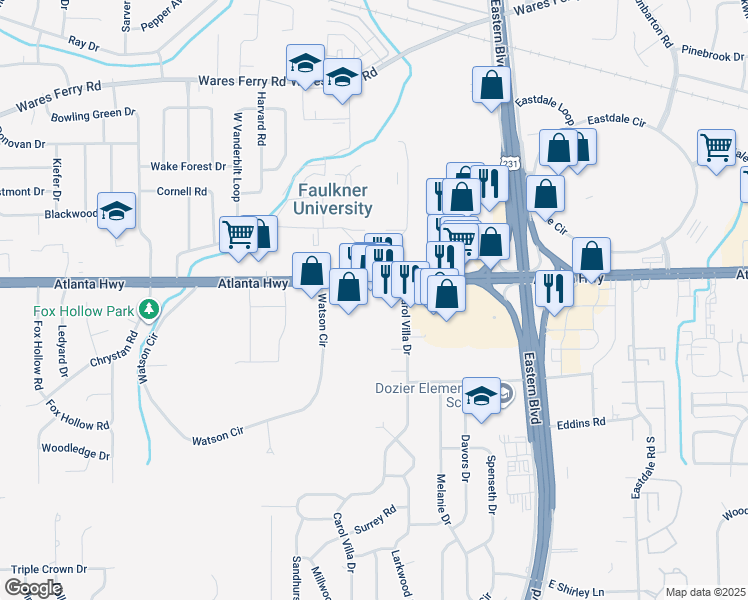 map of restaurants, bars, coffee shops, grocery stores, and more near 5340 Atlanta Hwy in Montgomery