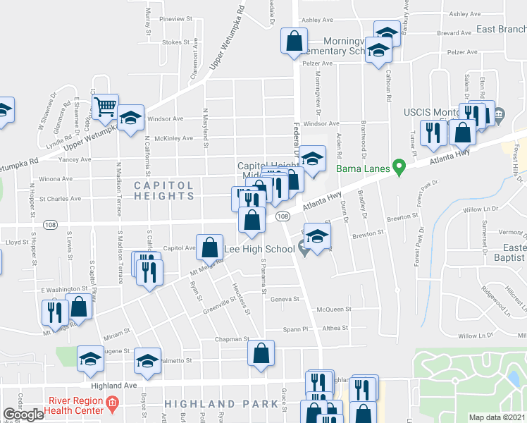 map of restaurants, bars, coffee shops, grocery stores, and more near 2514 Madison Avenue in Montgomery