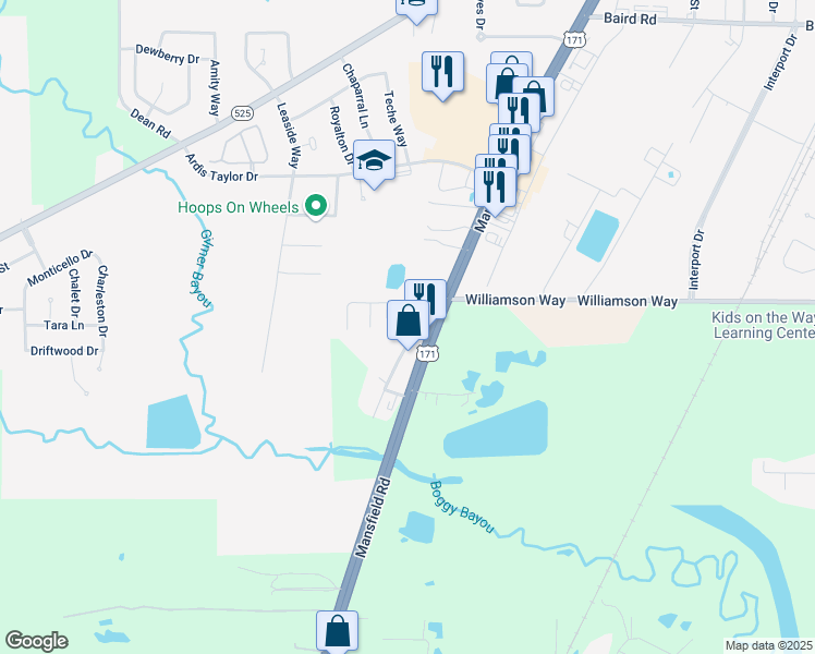 map of restaurants, bars, coffee shops, grocery stores, and more near 9832-9852 Old Mansfield Rd in Shreveport