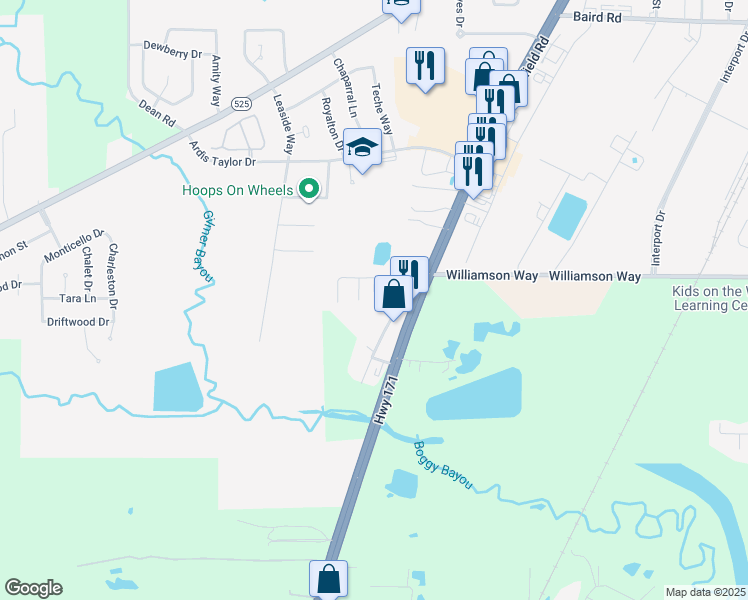 map of restaurants, bars, coffee shops, grocery stores, and more near 9616 Old Mansfield Road in Shreveport