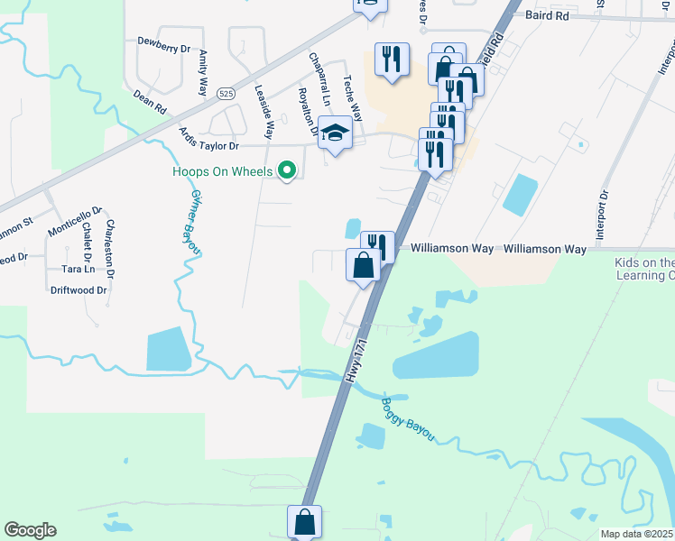 map of restaurants, bars, coffee shops, grocery stores, and more near 9616 Old Mansfield Road in Shreveport