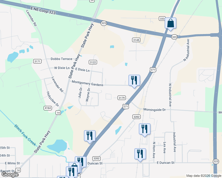 map of restaurants, bars, coffee shops, grocery stores, and more near 1479 Young Place in Tyler