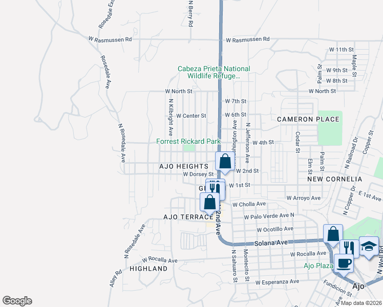 map of restaurants, bars, coffee shops, grocery stores, and more near 1000 North Thompson Avenue in Ajo