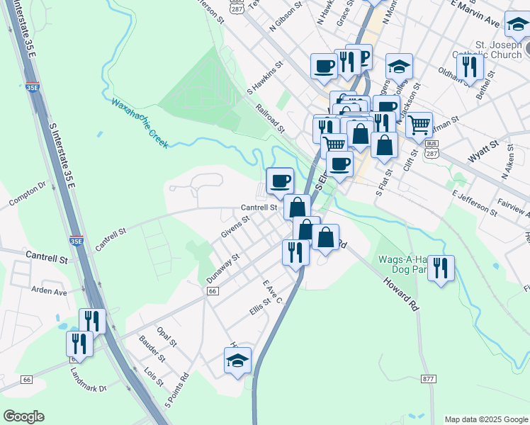 map of restaurants, bars, coffee shops, grocery stores, and more near 625 Cantrell Street in Waxahachie