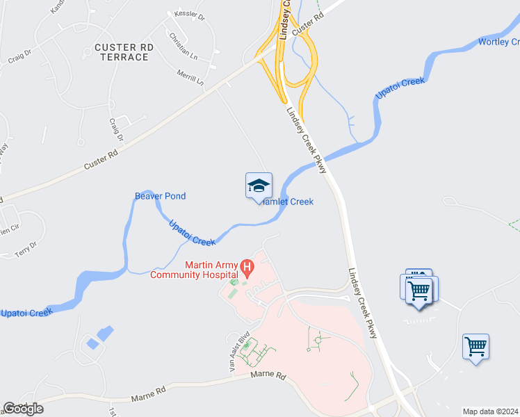 map of restaurants, bars, coffee shops, grocery stores, and more near Bass Road in Fort Benning