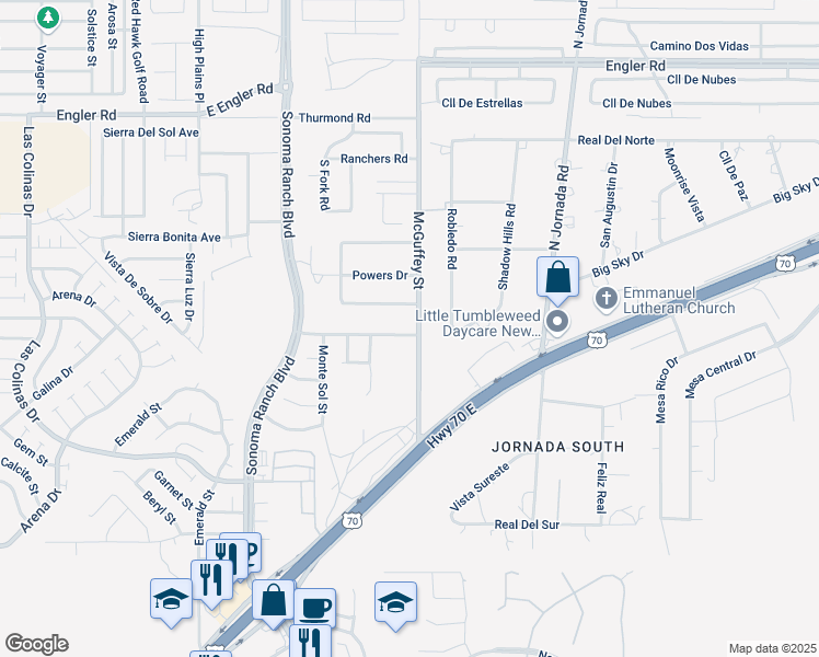 map of restaurants, bars, coffee shops, grocery stores, and more near 5725 Robledo Road in Las Cruces