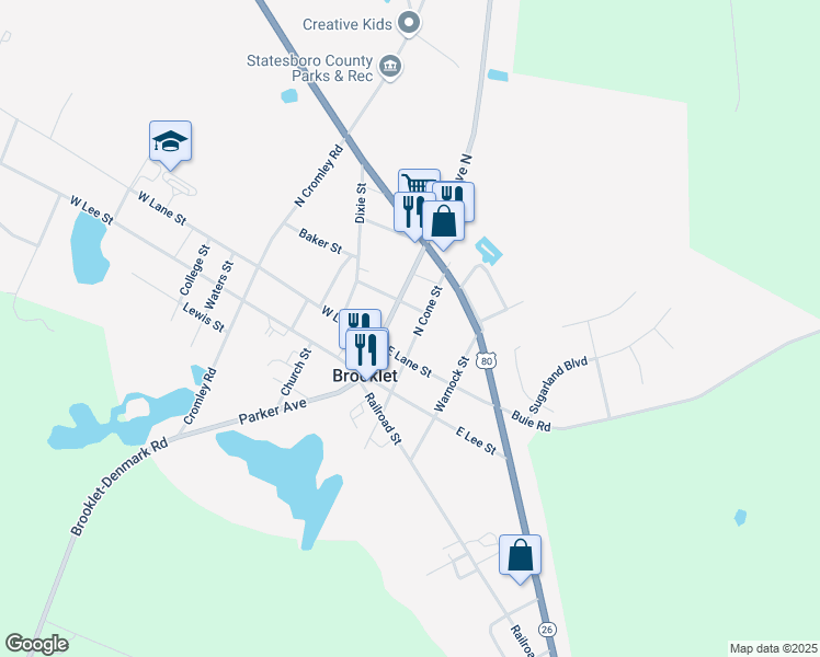 map of restaurants, bars, coffee shops, grocery stores, and more near 201 East Lane Street in Brooklet