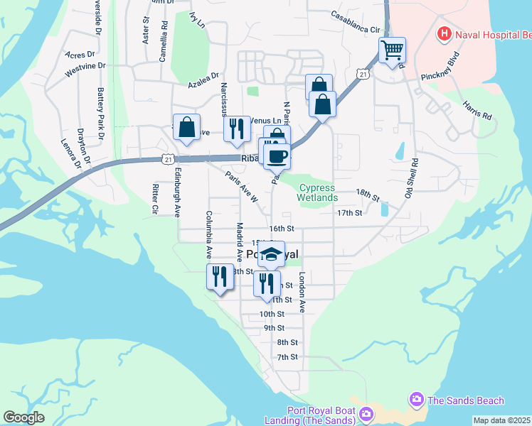 map of restaurants, bars, coffee shops, grocery stores, and more near 914A 16th Street in Port Royal