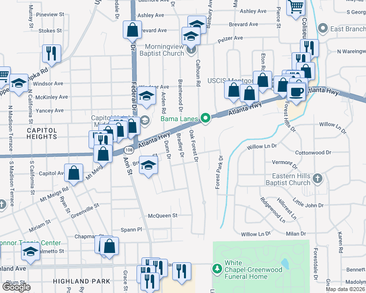 map of restaurants, bars, coffee shops, grocery stores, and more near 23 Bradley Drive in Montgomery