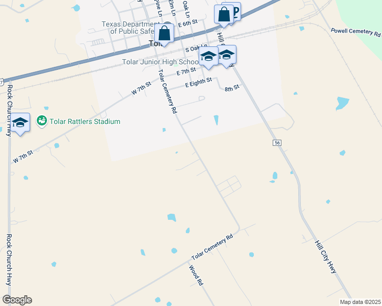 map of restaurants, bars, coffee shops, grocery stores, and more near 712 Tolar Cemetery Road in Tolar