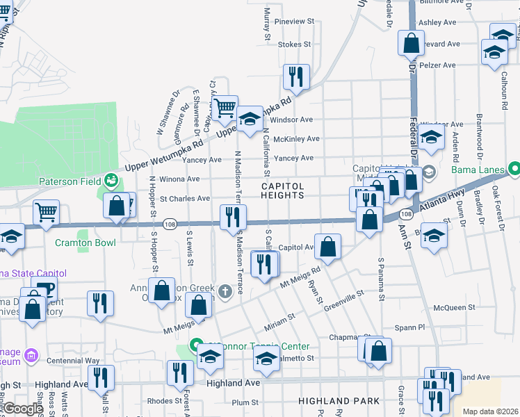 map of restaurants, bars, coffee shops, grocery stores, and more near in Montgomery