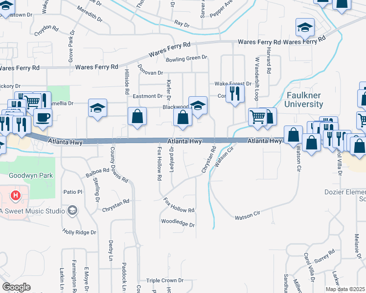 map of restaurants, bars, coffee shops, grocery stores, and more near 2-20 Gaylan Court in Montgomery