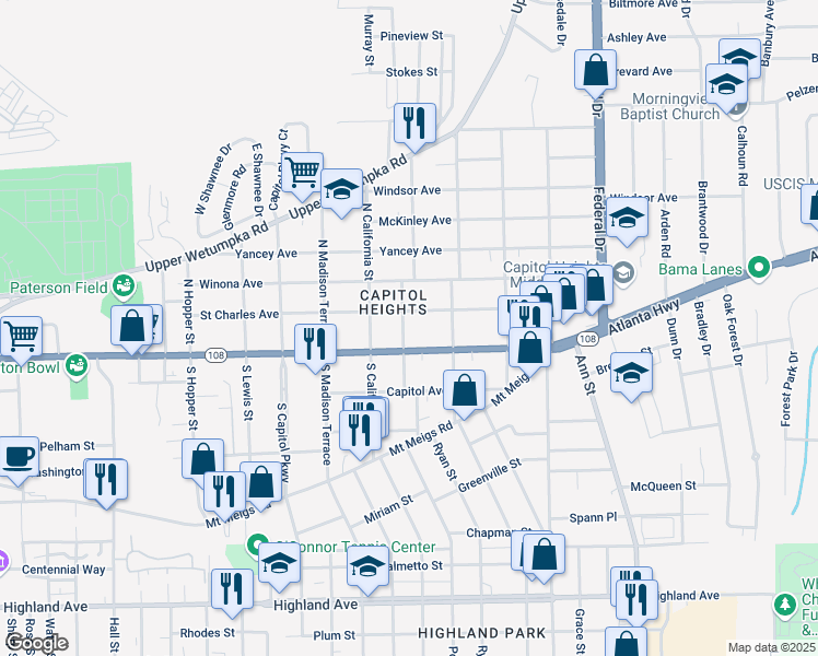 map of restaurants, bars, coffee shops, grocery stores, and more near 2000 Winona Avenue in Montgomery