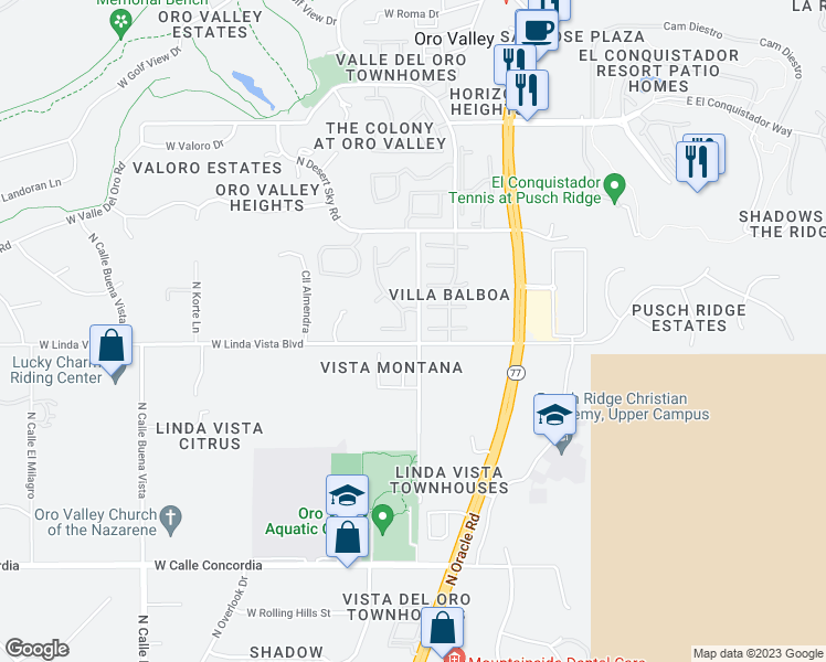 map of restaurants, bars, coffee shops, grocery stores, and more near 116 East Ridge Glow Place in Tucson