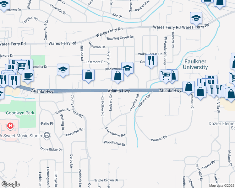 map of restaurants, bars, coffee shops, grocery stores, and more near 2-20 Gaylan Court in Montgomery