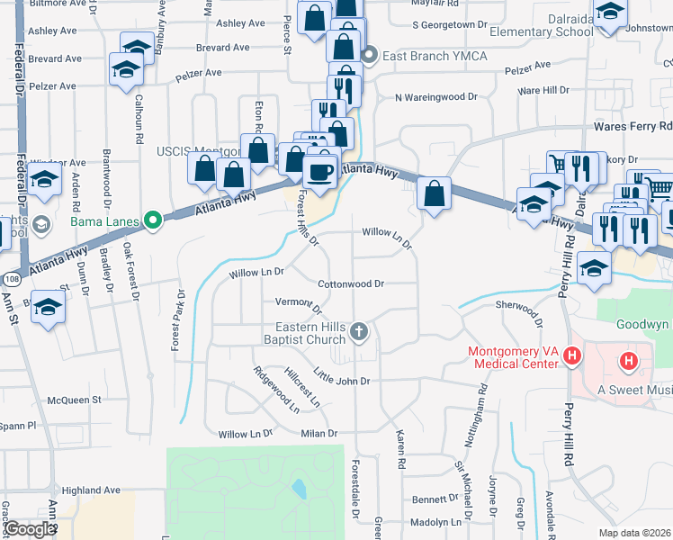 map of restaurants, bars, coffee shops, grocery stores, and more near 223 Forest Hills Drive in Montgomery