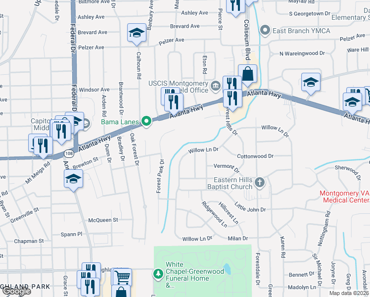 map of restaurants, bars, coffee shops, grocery stores, and more near 343 Forest Park Drive in Montgomery