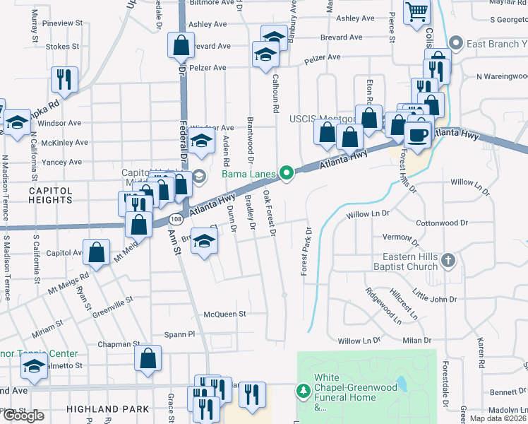 map of restaurants, bars, coffee shops, grocery stores, and more near 6 Oak Forest Drive in Montgomery