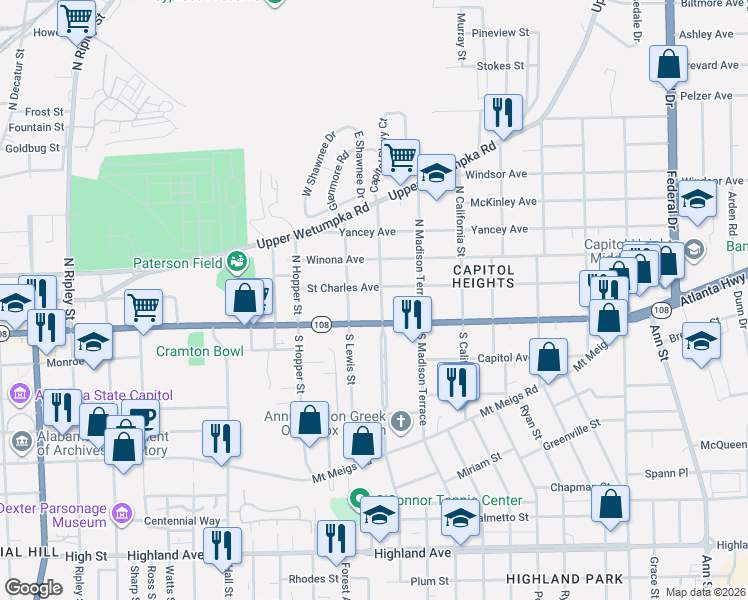 map of restaurants, bars, coffee shops, grocery stores, and more near 102 North Lewis Street in Montgomery