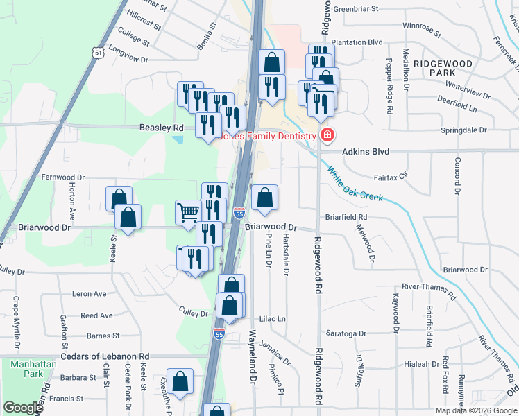 map of restaurants, bars, coffee shops, grocery stores, and more near 5712 Interstate 55 in Jackson