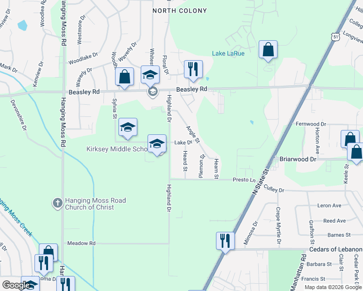 map of restaurants, bars, coffee shops, grocery stores, and more near 446 Lake Drive in Jackson