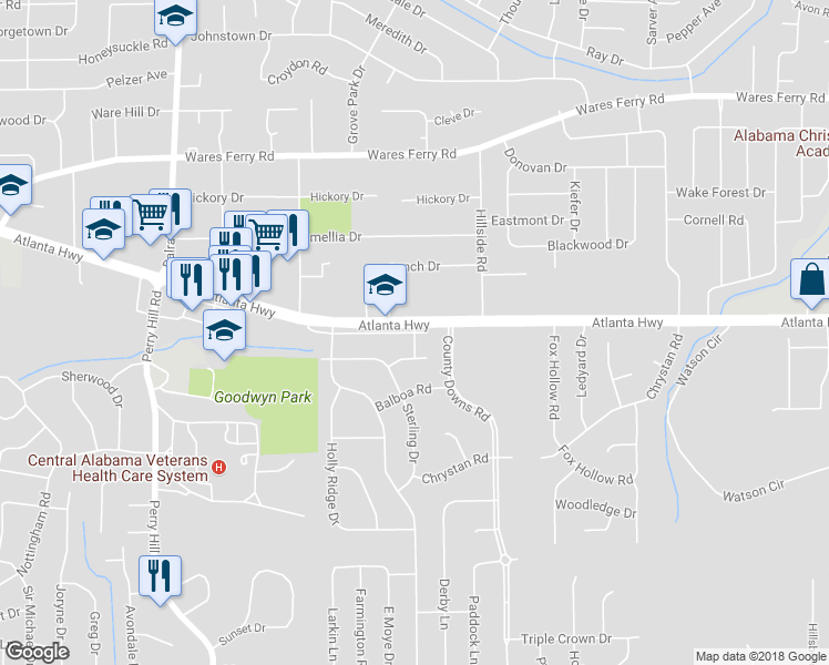 map of restaurants, bars, coffee shops, grocery stores, and more near Sherman Way in Montgomery