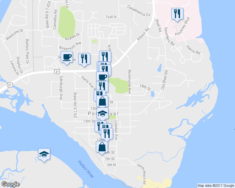 map of restaurants, bars, coffee shops, grocery stores, and more near 116 Tamara Lane in Port Royal