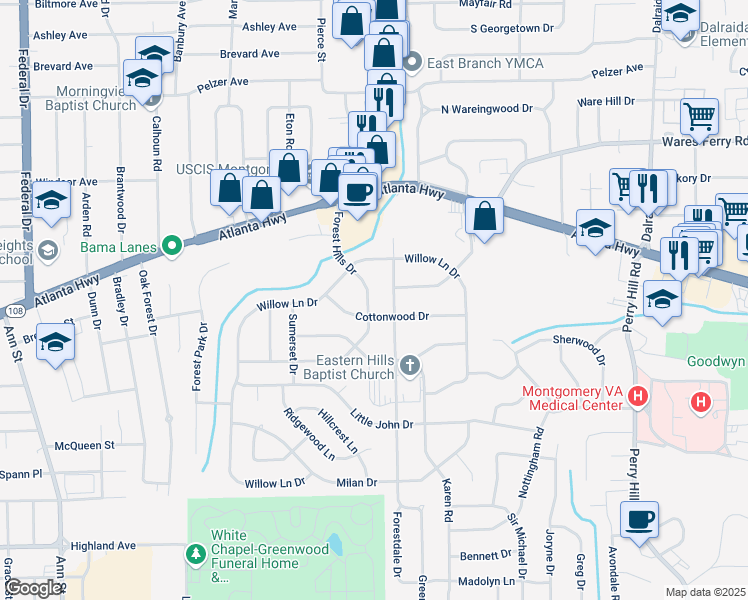 map of restaurants, bars, coffee shops, grocery stores, and more near 235 Forest Hills Drive in Montgomery