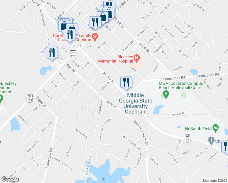 map of restaurants, bars, coffee shops, grocery stores, and more near 124 Peacock Street in Cochran