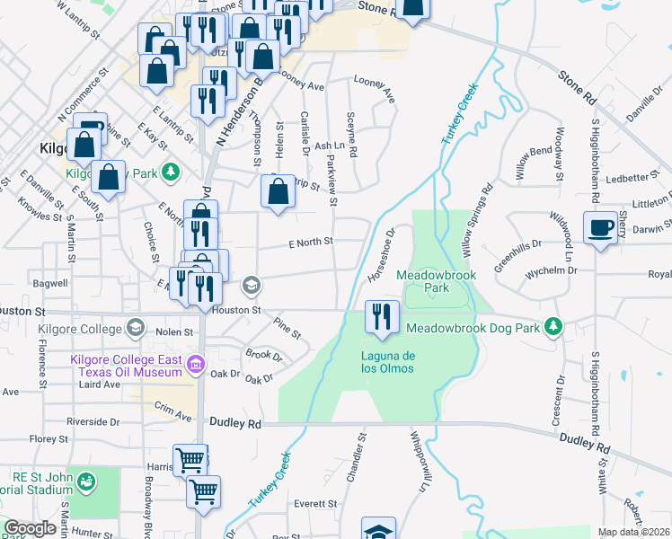 map of restaurants, bars, coffee shops, grocery stores, and more near 200 Parkview Street in Kilgore