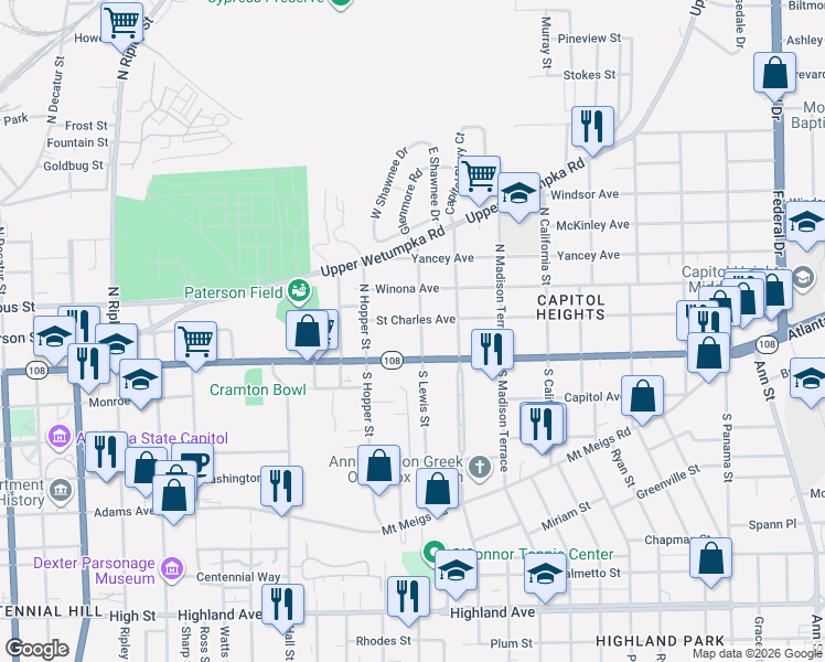 map of restaurants, bars, coffee shops, grocery stores, and more near 102 North Lewis Street in Montgomery