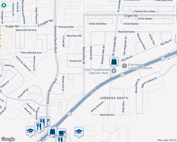 map of restaurants, bars, coffee shops, grocery stores, and more near 5725 Robledo Road in Las Cruces